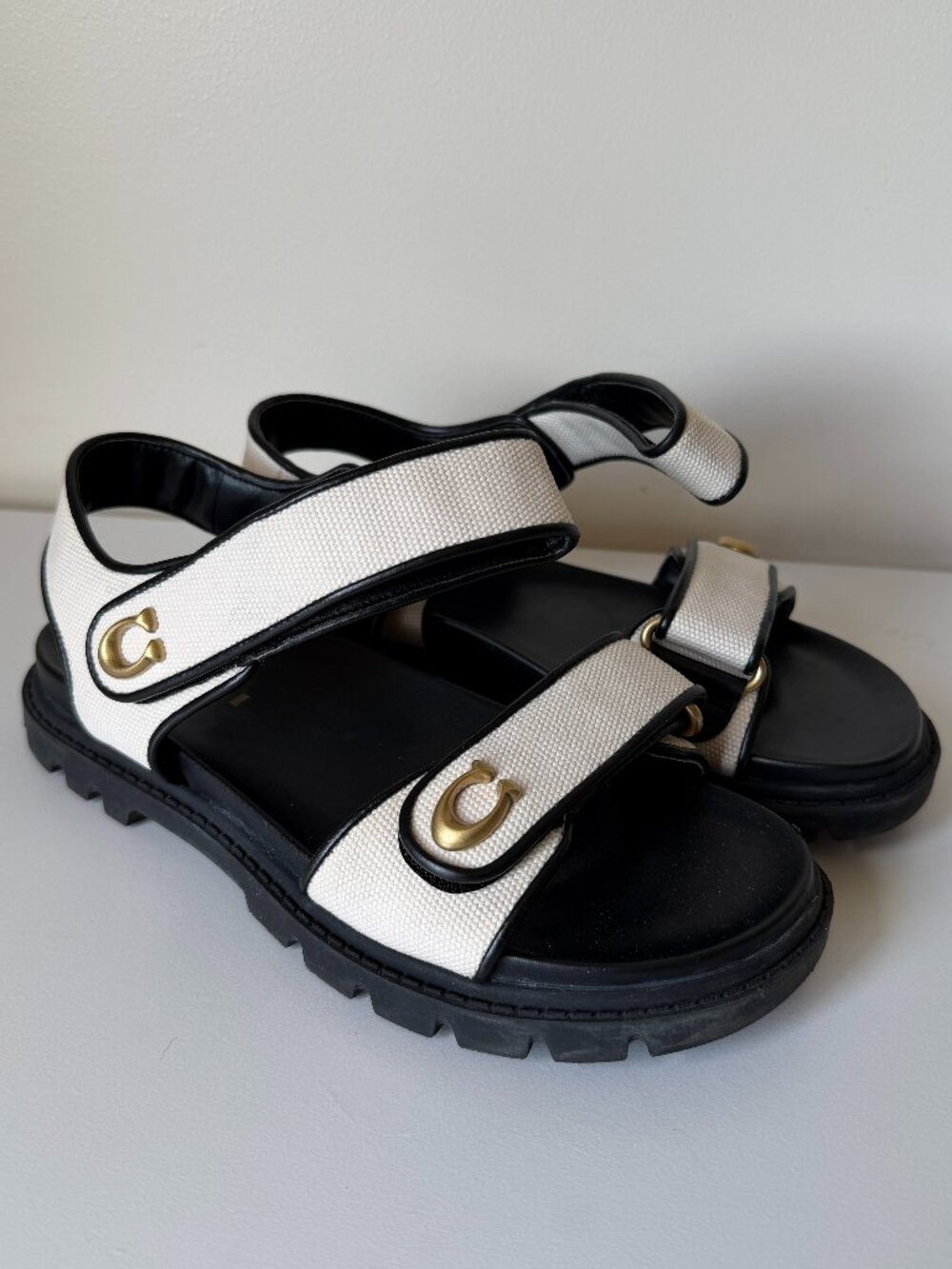 Coach Brynn Sandals Size 7.5 | Canvas Leather Sport Sandal | White Black Gold